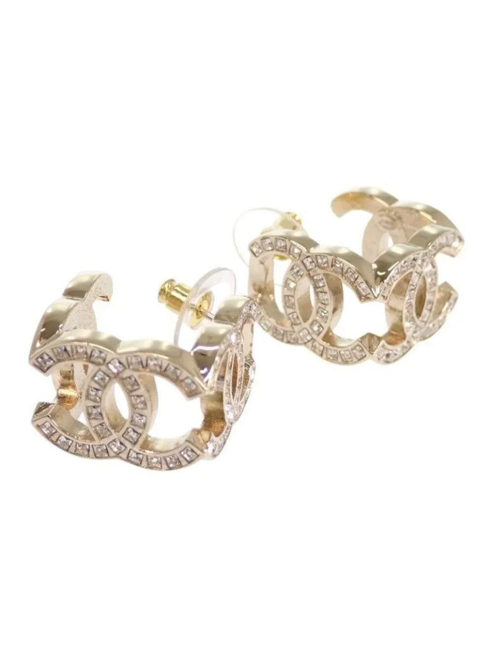 Chanel Triple CC Logo Hoop Earrings Metal Crystal with Gold